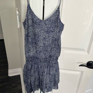 Derek Lam Silk Navy and White Printed Spaghetti-Strap Mini Dress